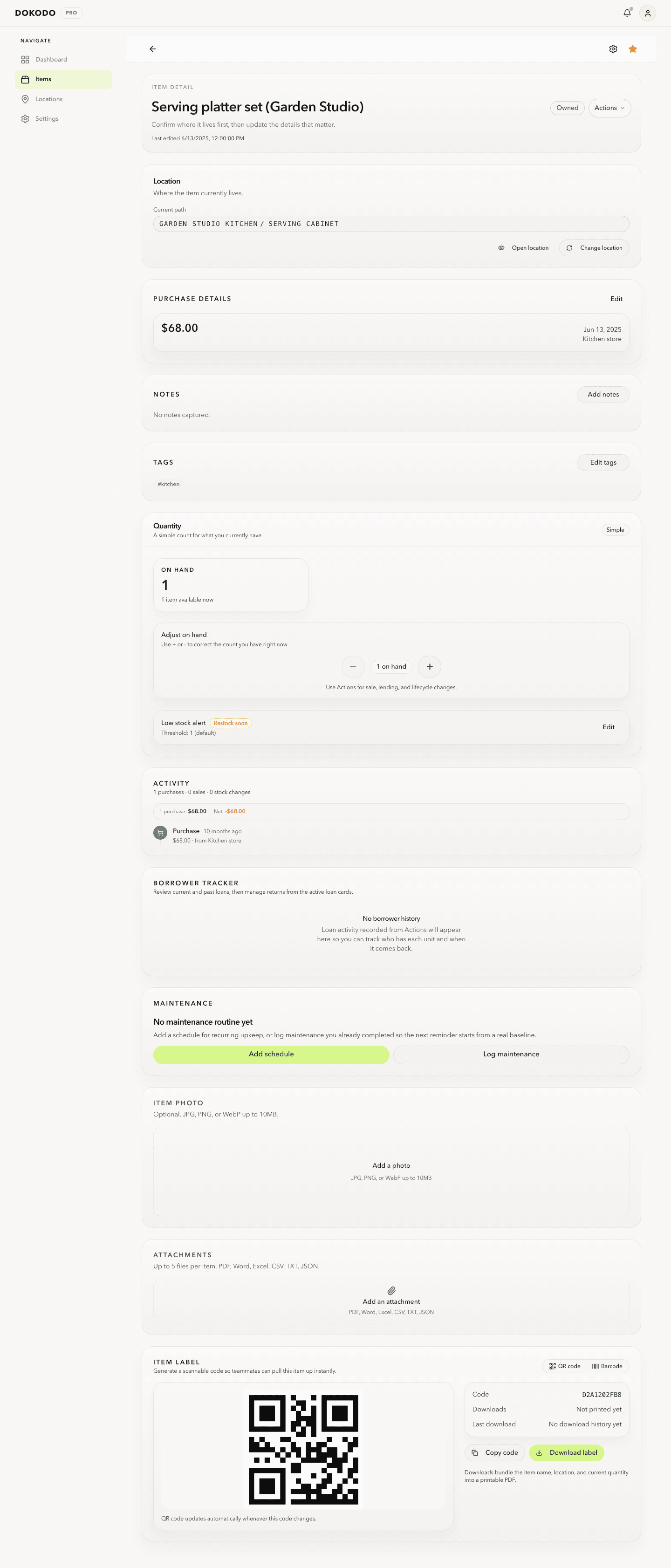 Dokodo item detail view showing path, notes, quantity context, activity, and attachments in one record