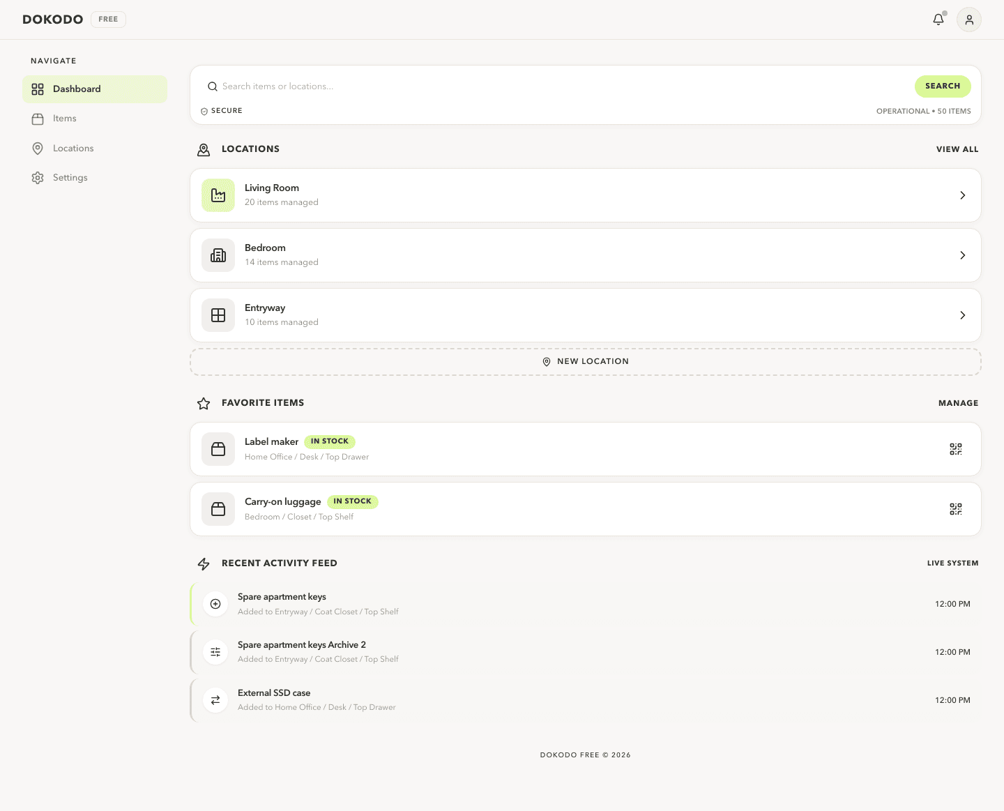 Dokodo dashboard favorites view showing a calm personal inventory baseline before choosing a paid plan