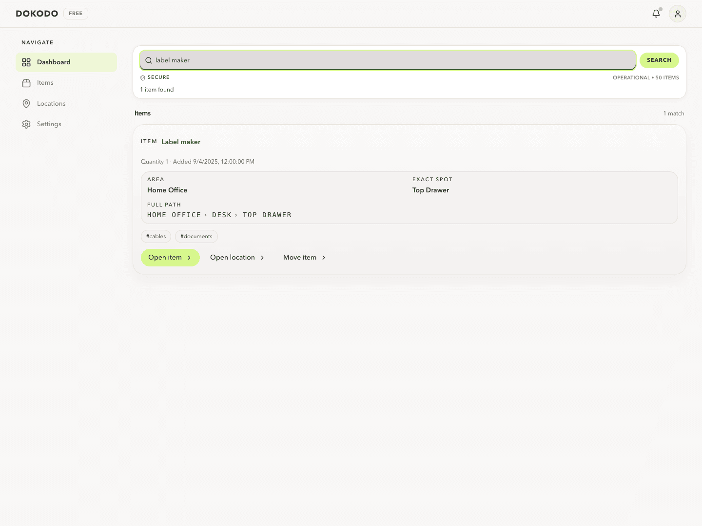 Dokodo dashboard search result showing the exact location path for a searched item
