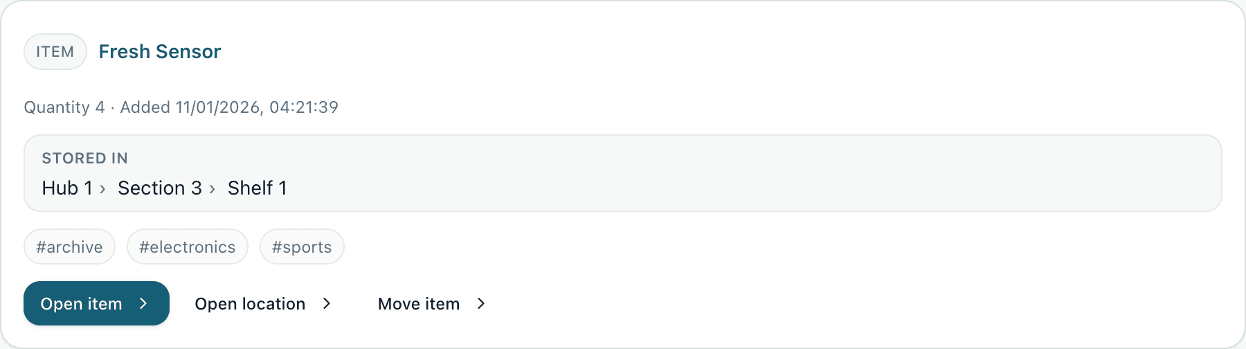 Dokodo search result card showing the stored-in breadcrumb for an item