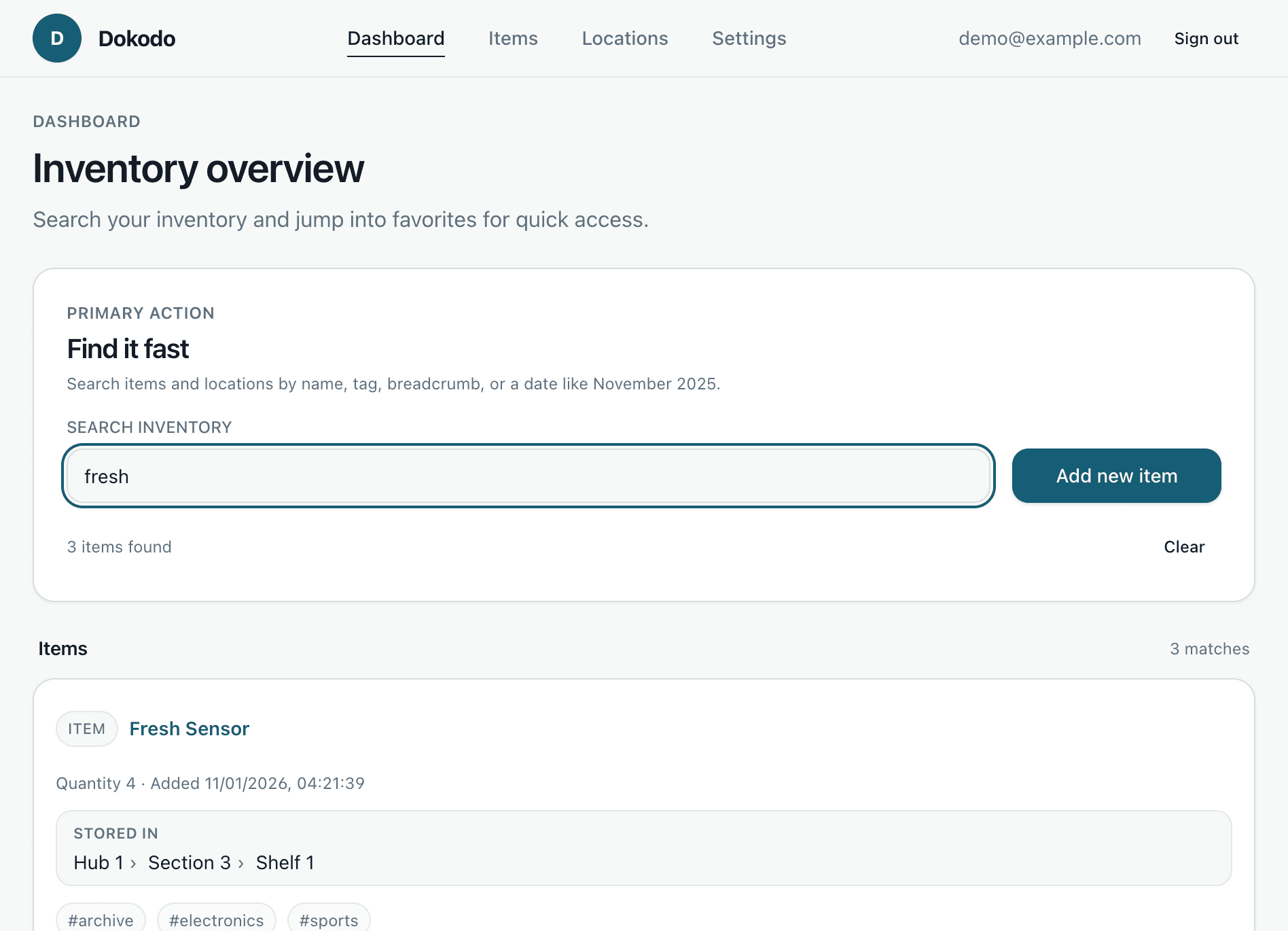 Dokodo dashboard showing a search result with the item location breadcrumb
