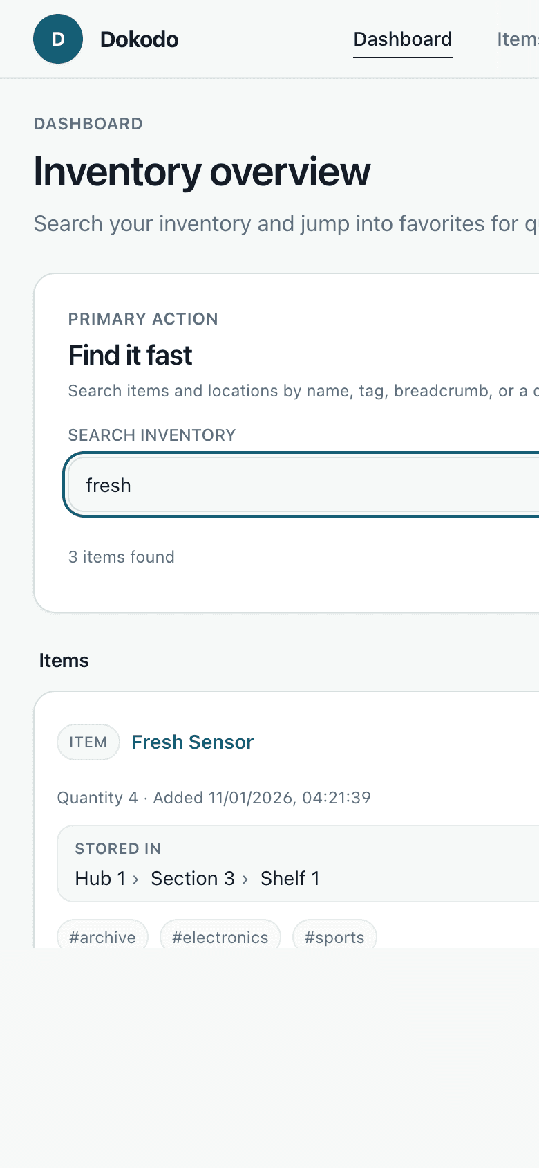 Dokodo mobile search result showing the same calm retrieval workflow